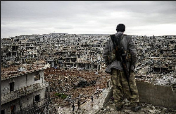 A figure with a weapon standing over a devastated urban area, symbolizing the challenges and risks that parallel the complexities of algorithmic forex trading and portfolio planning.