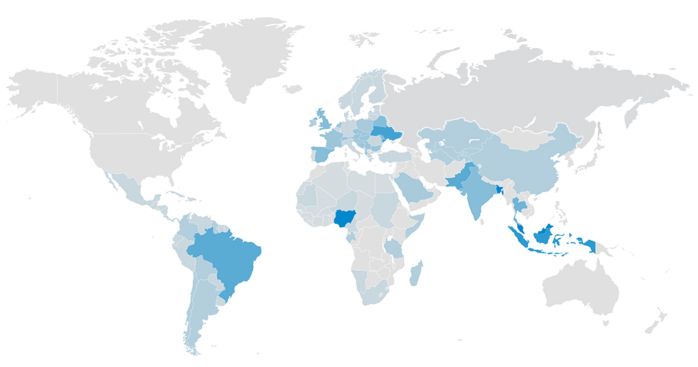 A detailed world map with countries shaded in various tones of blue, representing regions with significant forex market activity and economic updates for the week of November 18-24, 2024.
