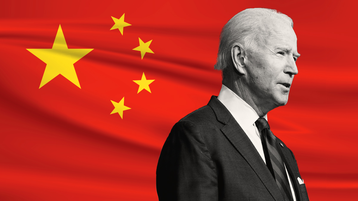 Joe Biden in front of the Chinese flag, symbolizing geopolitical relations.